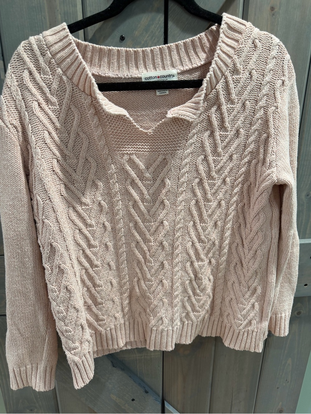 Cotton Country. Y Parkhurst Pink Cable Knit Sweater V Neck made in Canada